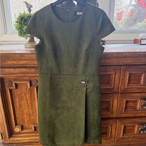 DKNY Olive Green Faux-Suede Cap-Sleeve Sheath Dress